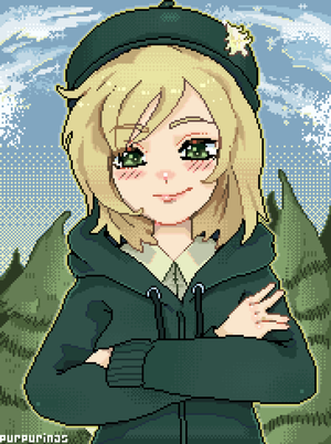 Pixel art of Enni, the community mascot, in a green hoodie making a peace sign.